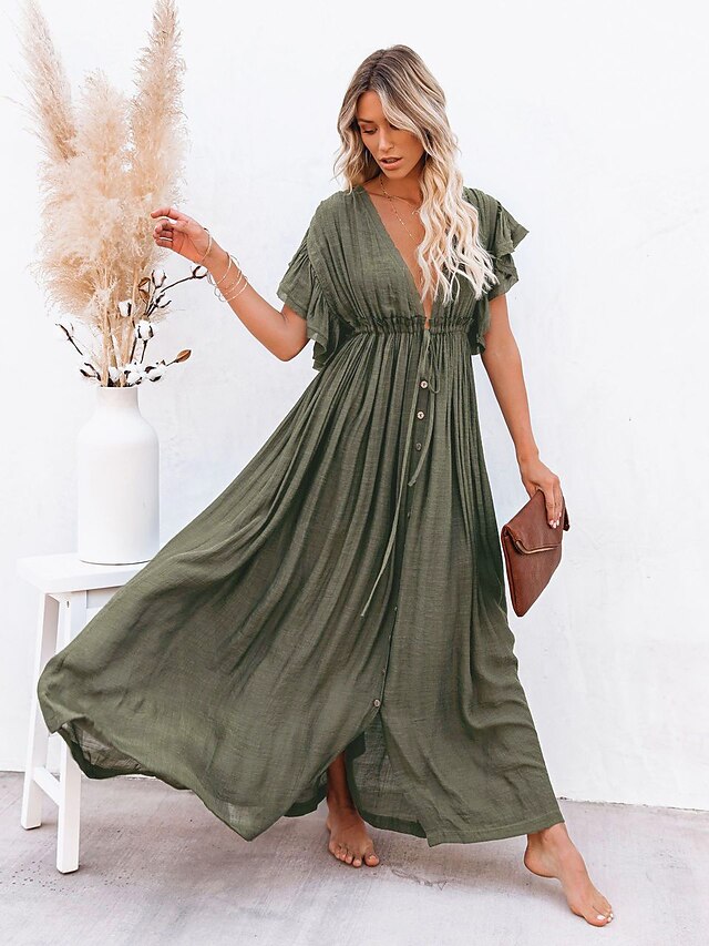  Women's Casual Dress Swing Dress White Dress Pure Color Short Sleeve Spring Summer Ruffle Vacation Deep V Loose Fit 2022 One-Size
