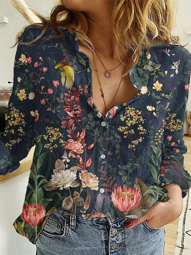  Women's Vintage Tropical Floral Print Long-Sleeve Shirt