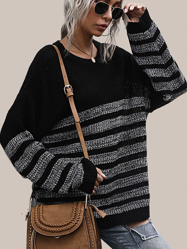  LITB Basic Women's Striped Sweater Long Sleeves Tops Drop Shoulder Contrast Color Knit