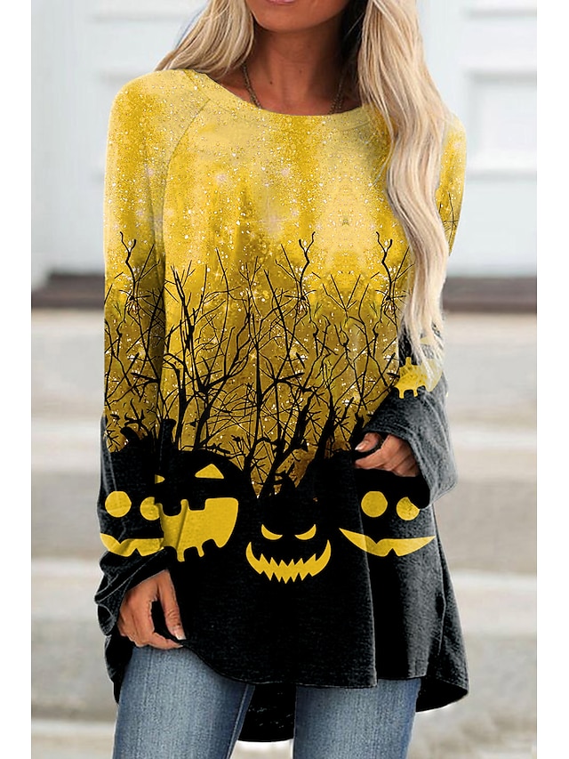  Dame Halloween Weekend T-shirt Abstrakt Maleri Langærmet Grafisk Græskar Rund hals Trykt mønster Basale Halloween Toppe Blå Lyserød Gul S / 3D-udskrivning