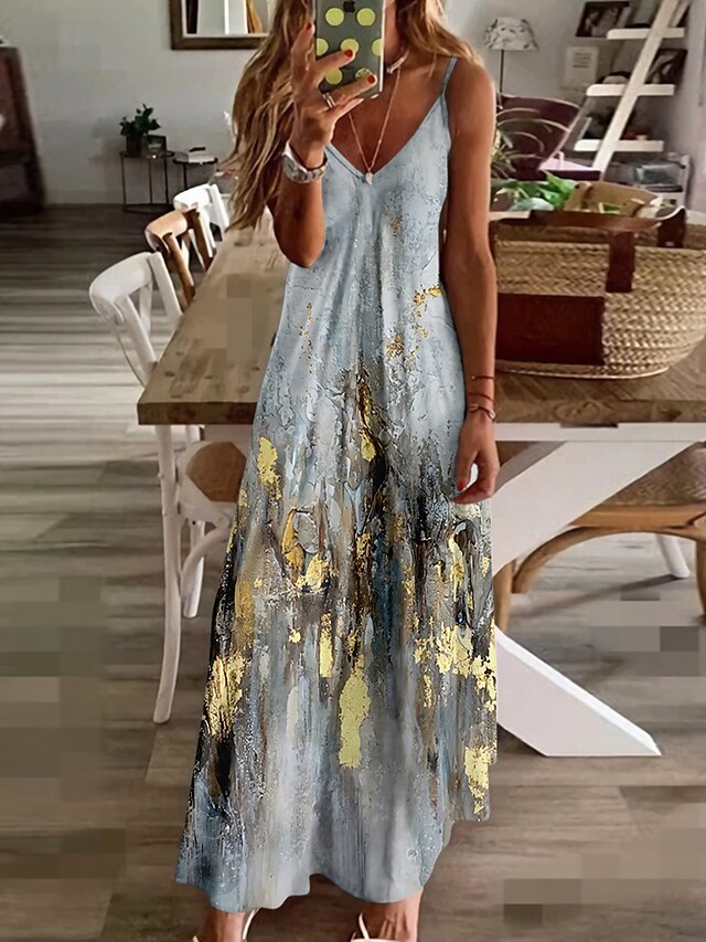  Women's Long Dress Maxi Dress Strap Dress Blue Sleeveless Print Print Color Gradient V Neck Spring Summer Casual S M L XL XXL 3XL