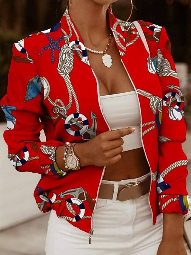  Damen Jacke Freizeitjacke Bedruckt Standard Mantel Weiß+Schwarz Gepunktet Staubiges Blau Rote Täglich nette Art Reisverschluss Herbst Ständer Regular Fit S M L XL XXL / Atmungsaktiv