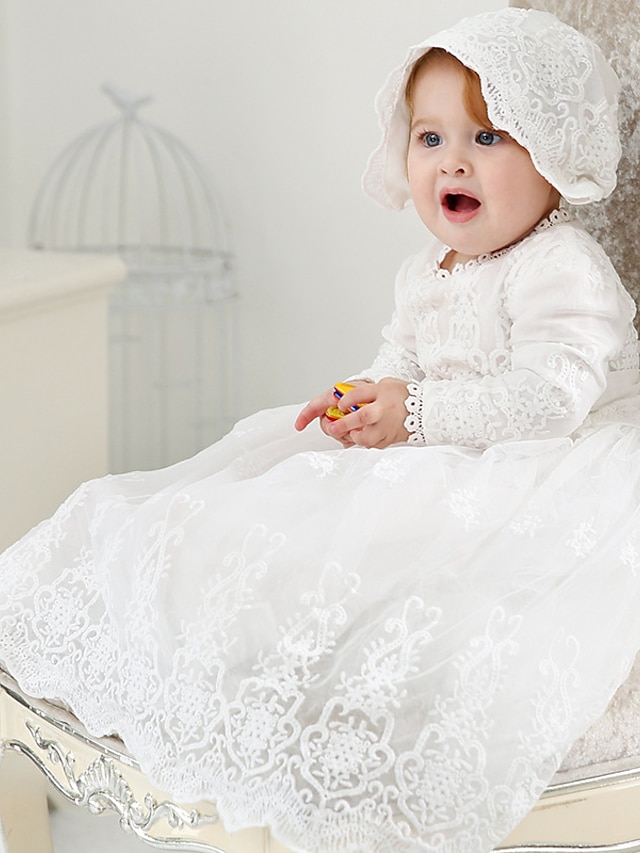  Robe bébé Fille Baptême basique Vêtement de rue Polyester Garniture en dentelle Couleur unie Manches Longues Maxi Blanche / L'autume