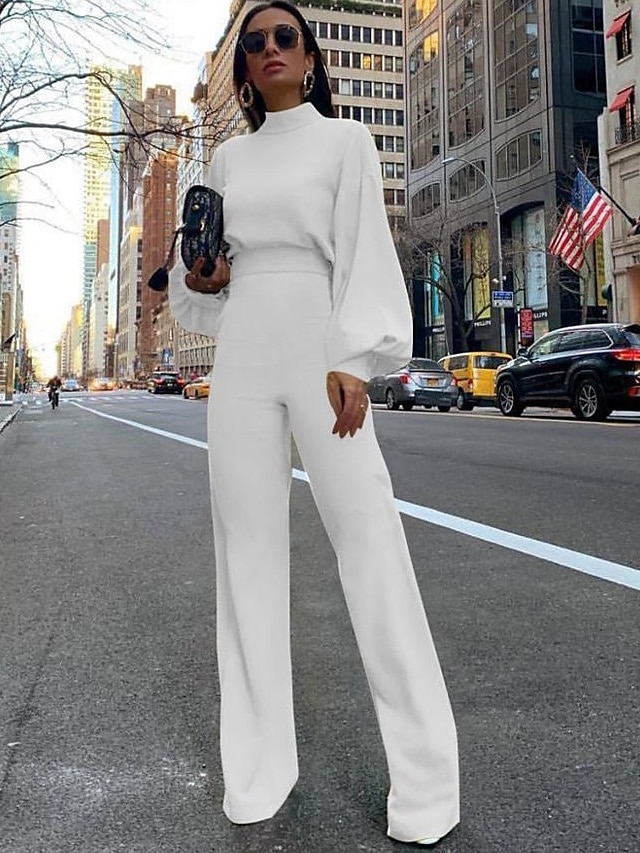  Women's Basic Fashion Streetwear Party Daily Crew Neck  Green White Black Jumpsuit Solid Color Zipper Lantern Sleeve Cold Weather
