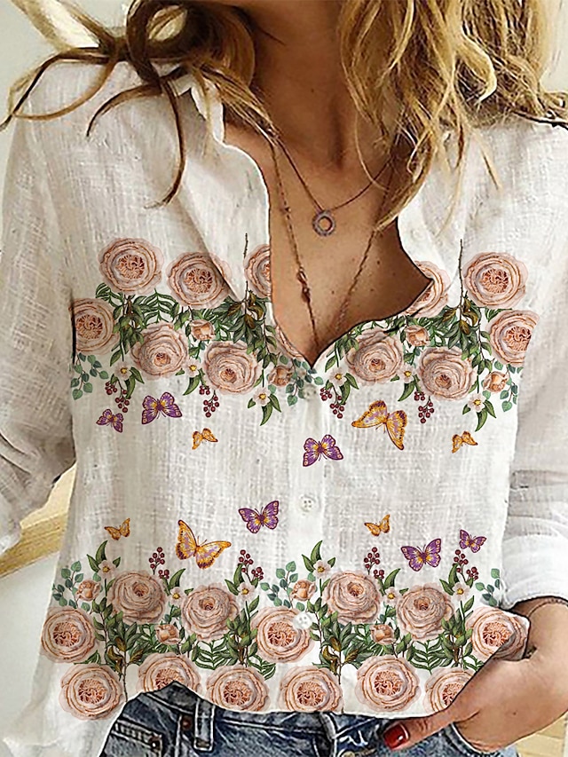 Women's Holiday Blouse Shirt Floral Theme Butterfly Long Sleeve Floral Butterfly Shirt Collar Button Print Casual Streetwear Tops White / 3D Print