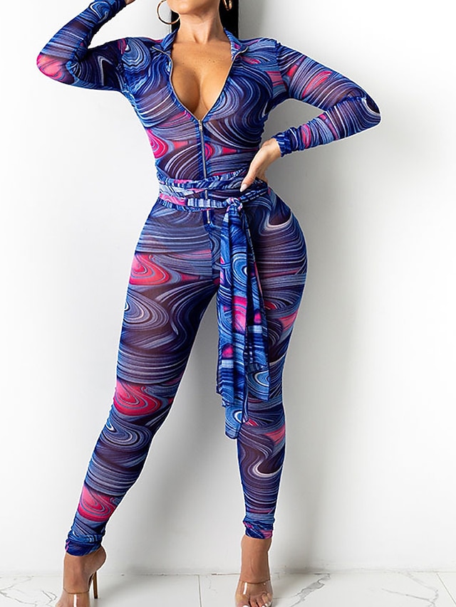  Combinaison-pantalon Femme Bloc de couleur Maille Imprimer Vêtement de rue V Profond Soirée Plein Air Manches Longues Standard Bleu S L'autume
