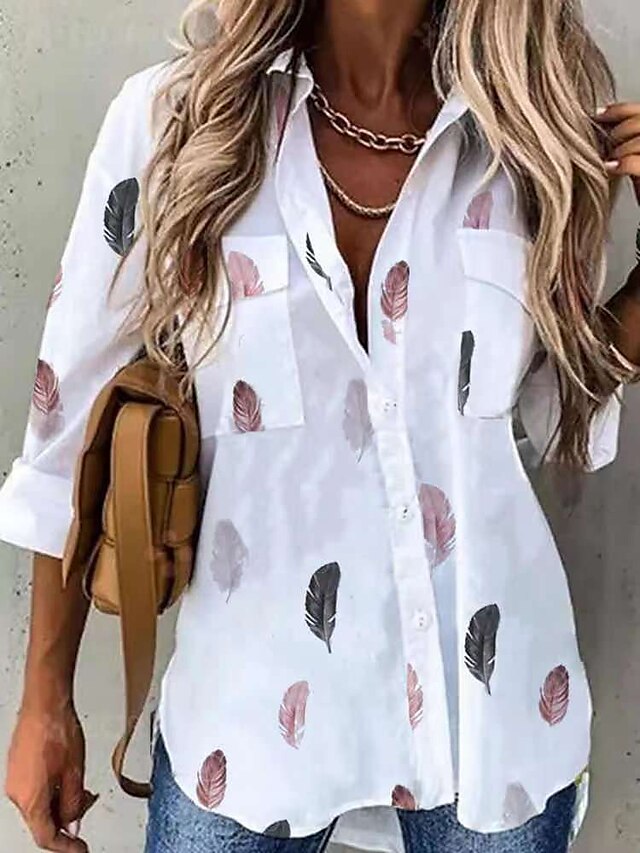  Dame Skjorte Bluse Grafisk Fjer Hvid Lomme Langærmet Afslappet Daglig Basale Afslappet Krave Slimfit Forår Efterår