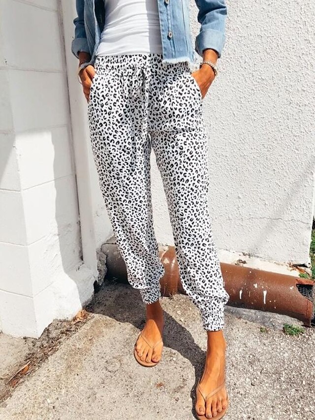  Women's Streetwear Chino Drawstring Harem Cargo Pants Full Length Pants Micro-elastic Casual Weekend Cotton Blend Leopard Mid Waist Comfort Loose Green White Gray S M L XL XXL