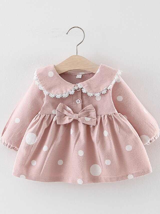 Kids Little Girls' Dress Dot Ribbon bow Daily Wear Blushing Pink Yellow Cotton Long Sleeve Casual Daily Dresses Spring &  Fall 0-5 Years