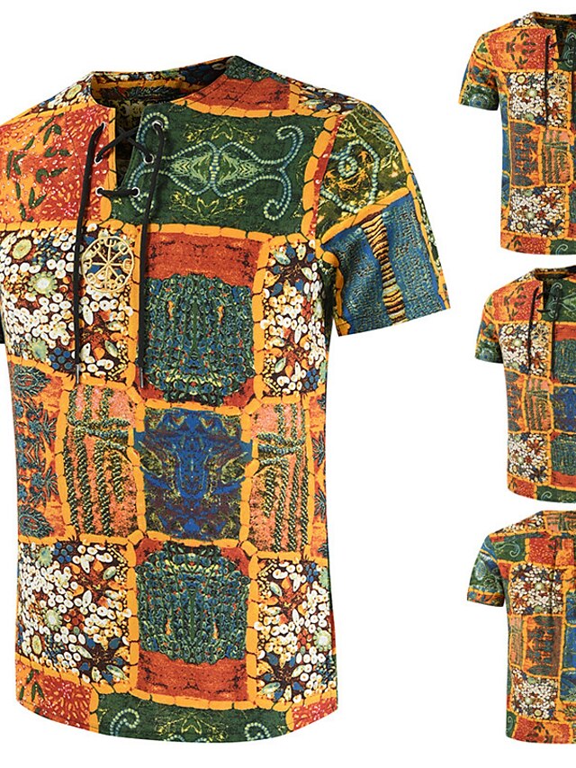  Men's Tee T shirt Shirt Graphic Lattice Tribal 3D Print Crew Neck Casual Daily Short Sleeve Drawstring Tops Lightweight Slim Fit Big and Tall Orange