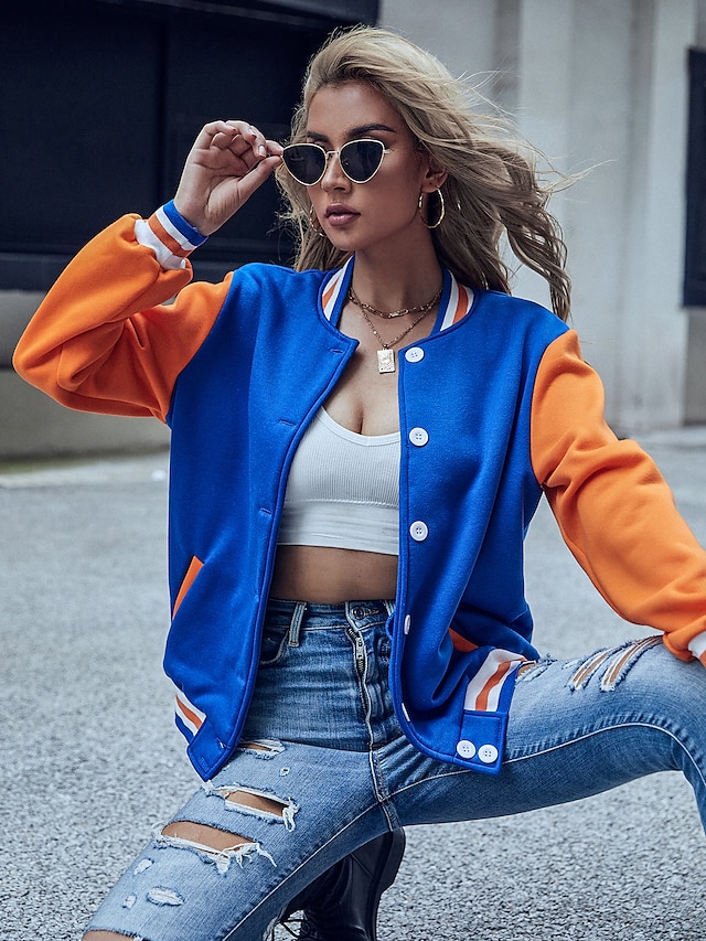 Women's Jacket Fall Winter Sport Daily Regular Coat Adjustable Slim Sporty Casual Jacket Long Sleeve Patchwork Solid Color Blue