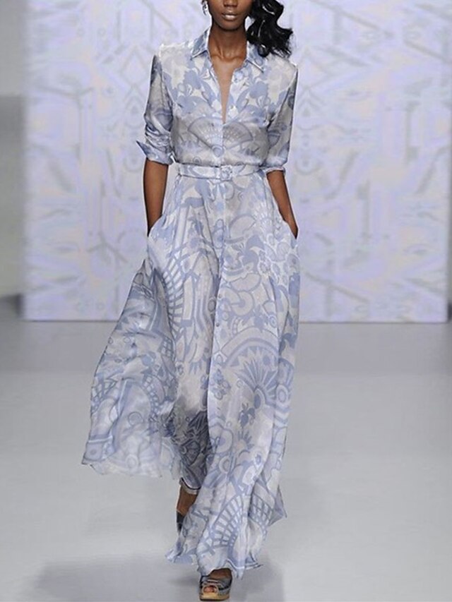  Women's Maxi long Dress Swing Dress Blue Long Sleeve With Belt Print Print Shirt Collar Fall Winter Casual 2022 S M L XL XXL 3XL