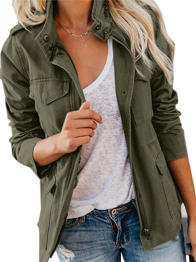  Women's Casual Jacket Daily Wear Vacation Going out Fall Regular Coat Regular Fit Breathable Casual Jacket Long Sleeve Spring Summer Solid Color Black Wine Army Green