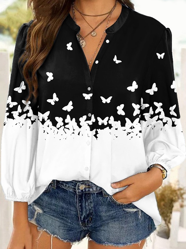  Women's Blouse Shirt Butterfly Butterfly Color Block Standing Collar Button Print Basic Tops Blue Blushing Pink Black / 3D Print