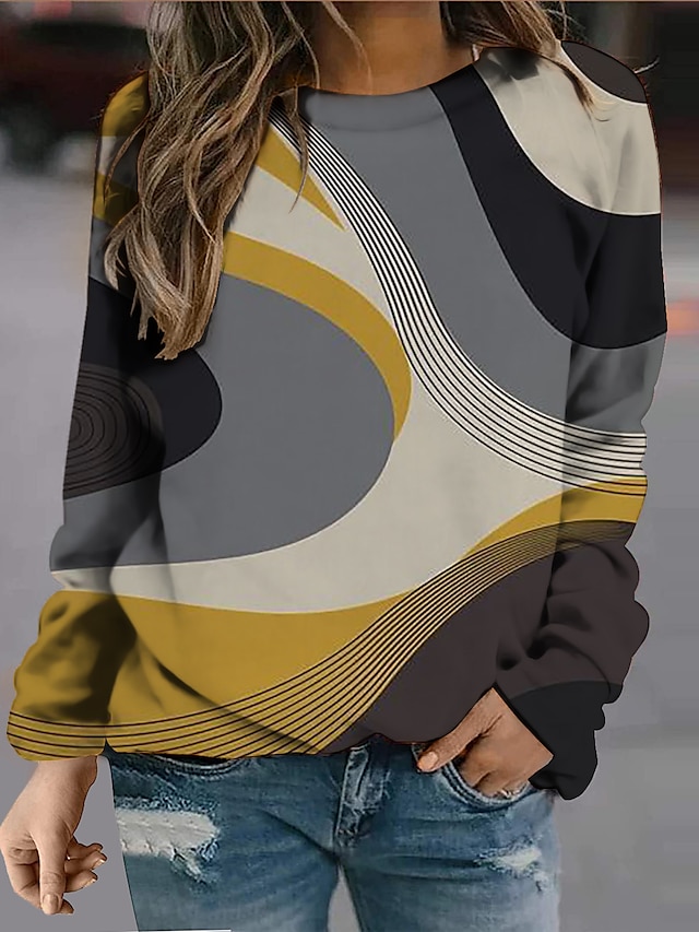  Women's Lines / Waves Color Block Sweatshirt Pullover Print 3D Print Daily Sports Active Streetwear Hoodies Sweatshirts  Coffee