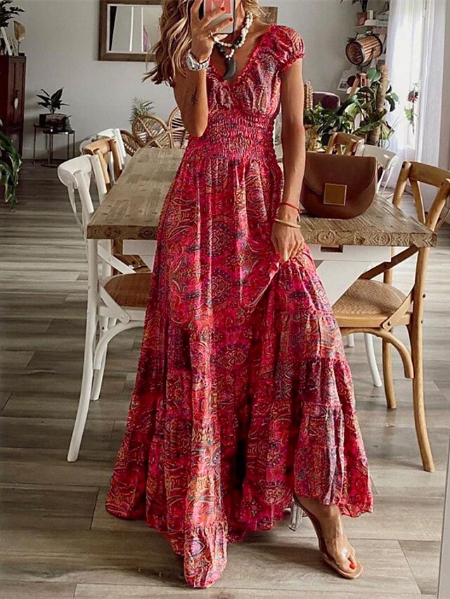  Women's Maxi long Dress Swing Dress Red Wine Short Sleeve Ruched Pleated Print V Neck Spring Summer Holiday Casual Daily 2022 M L XL XXL