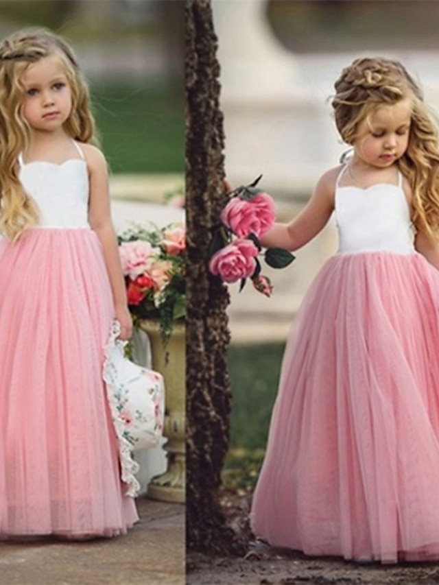  Kids Little Girls' Dress Dusty Rose Solid Colored Tulle Dress Quinceanera Wedding Party Pleated Halter Purple Light Blue Mesh Maxi Sleeveless Basic Dresses 3-10 Years
