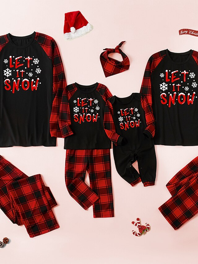  Family Look Christmas Pajamas Christmas Gifts Plaid Letter Patchwork Black Gray Long Sleeve Adorable Matching Outfits / Fall / Winter / Print
