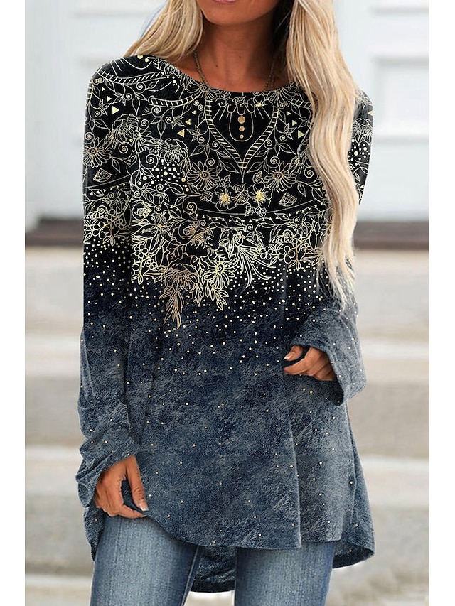  Femme T shirt Tee Tunique Graphic Floral Géométrique Gris Imprimer manche longue Casual du quotidien Fin de semaine Rétro Vintage Tuniques basique Col Rond Standard Automne hiver