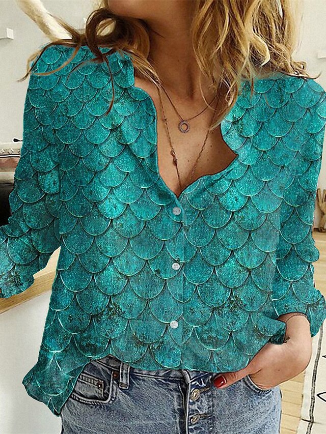  Women's Blouse Shirt Long Sleeve Graphic Fish Shirt Collar Button Print Basic Tops Green