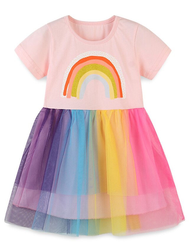  Kids Little Girls' Dress Rainbow Causal Daily A Line Dress Mesh Print Blushing Pink Midi Cotton Long Sleeve Casual Cute Dresses Fall Regular Fit 2-8 Years