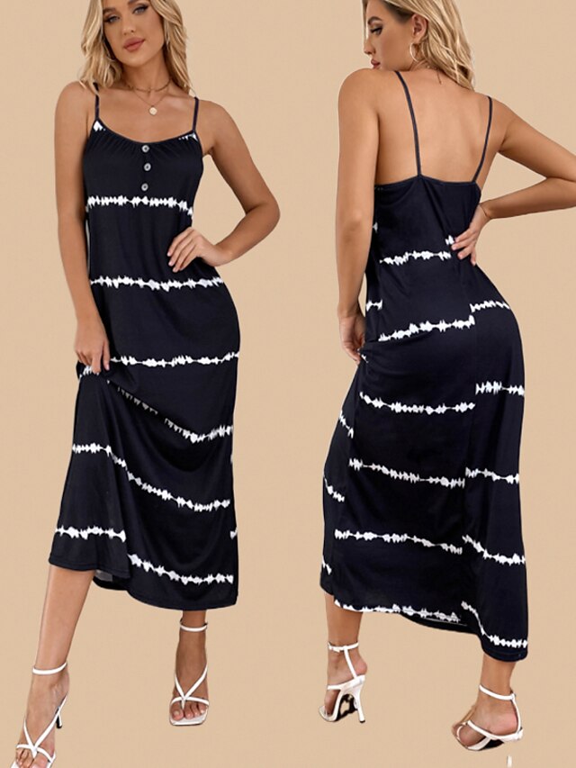  Women's Maxi long Dress Sundress Black and white stripes Sleeveless Print Tie Dye cold shoulder Fall Summer Vintage Boho 2021 S M L XL / Polyester / Machine wash