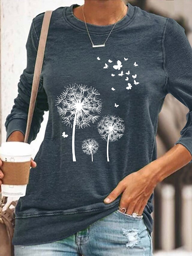  Women's Daily Weekend T shirt Tee Floral Butterfly Painting Long Sleeve Butterfly Dandelion Round Neck Print Basic Tops Black Blue Yellow S