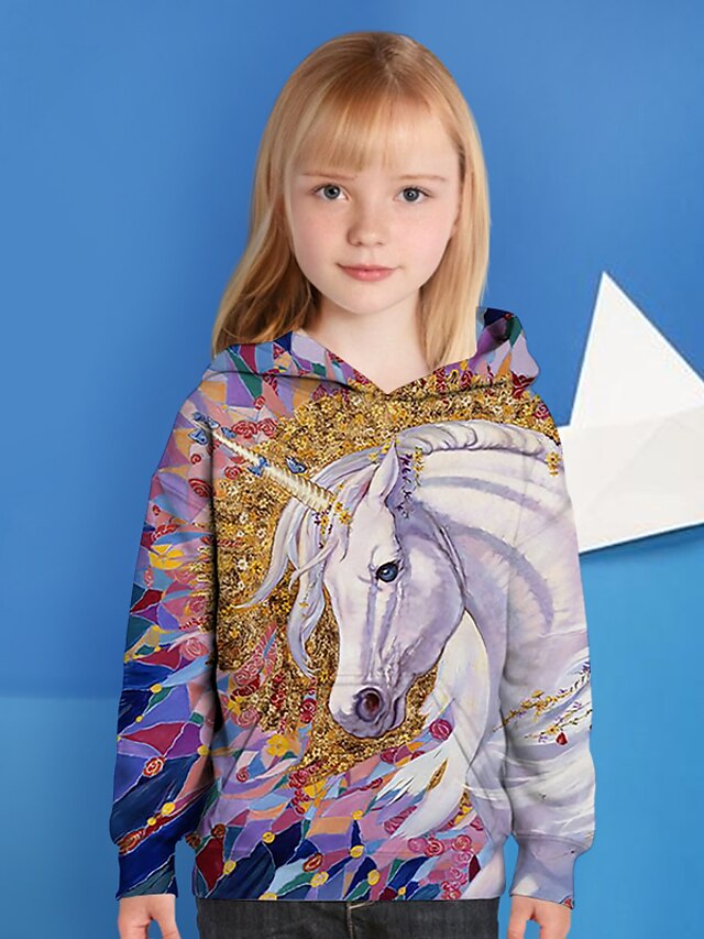  Barn Jente Hettegenser og sweatshirt Langermet Lilla Hest Trykt mønster Grafisk enhjørning 3D Dyr Aktiv