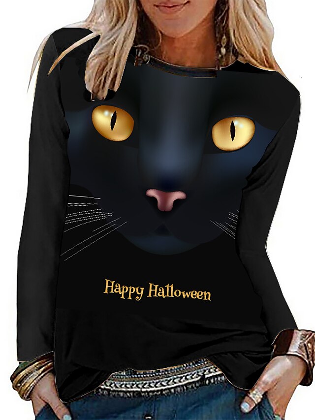  Dame T-shirt Dyr Kat 3D Sort Trykt mønster Langærmet Halloween Weekend Basale Halloween Rund hals Regulær Efterår vinter