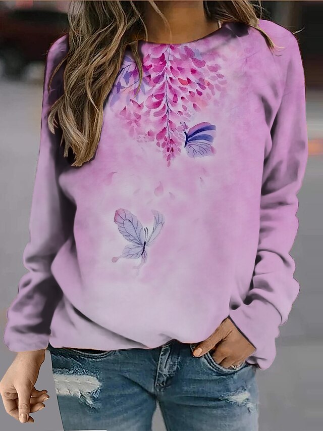  Femme Floral Papillon Sweat-shirt Sweat Imprimer 3D effet Des sports Vacances Actif Vêtement de rue Pulls Capuche Pulls molletonnés Rose Claire