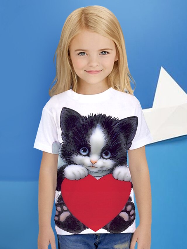  Mädchen 3D Tier Katze T-Shirt Kurzarm 3D-Druck Kuschelig Basic Polyester kinderkleidung