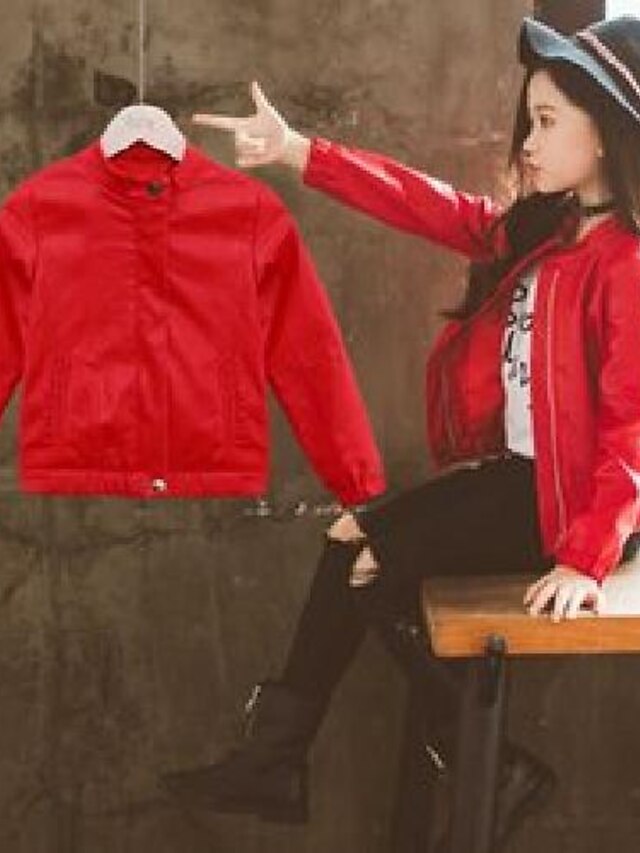 Veste & Manteau Enfant Fille Rouge plus velours Li unique rouge Couleur unie Cuir PU Mode 2-6 ans / L'autume / L'hiver / Printemps