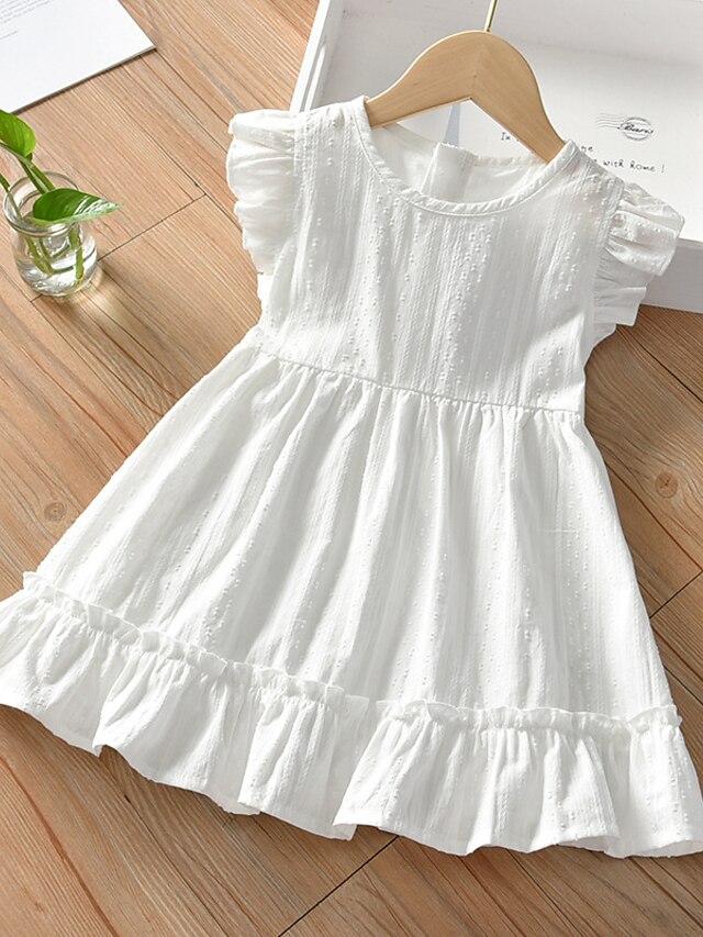  Kids Little Dress Girls' Solid Colored School Daily Ruffle White Cotton Short Sleeve Casual Dresses Spring Summer