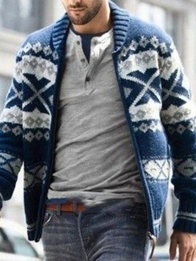  Men's Sweater Cardigan Zipper Round Neck Thick Winter Navy Blue