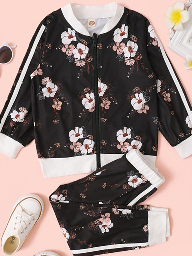  Kids Girls' Clothing Set Long Sleeve 2 Pieces Black Print Floral Street Casual / Daily Cotton Regular Comfort Sports 2-8 Years / Fall / Winter