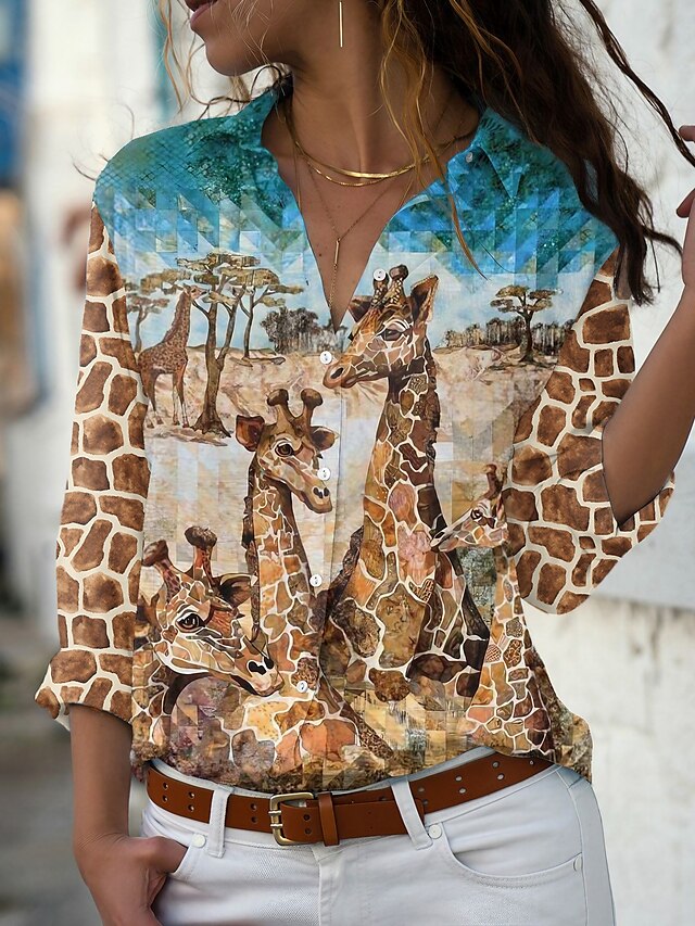  Per donna Blusa Camicia Marrone Pulsante Stampa Animali Giraffa Giornaliero Fine settimana Manica lunga Colletto Essenziale Standard S