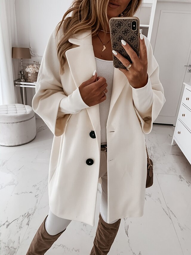 Women's Winter Coat Long Overcoat Single Breasted Lapel Pea Coat Thermal Warm Windproof Trench Coat with Pockets Fall Outerwear Long Sleeve White 3/4 Sleeve