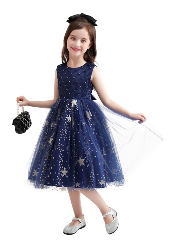  Kinder Wenig Mädchen Kleid Galaxis Party Tüll-Kleid Gitter Blau Rote Knielang Ärmellos Prinzessin Süß Kleider Sommer Regular Fit 2-6 Jahre