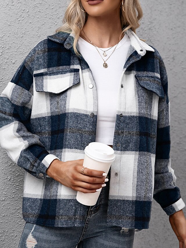  Women's Jacket Fall Winter Street Daily Regular Coat Warm Breathable Regular Fit Casual St. Patrick's Day Jacket Long Sleeve Patchwork Plaid / Check Green Wine Navy Blue