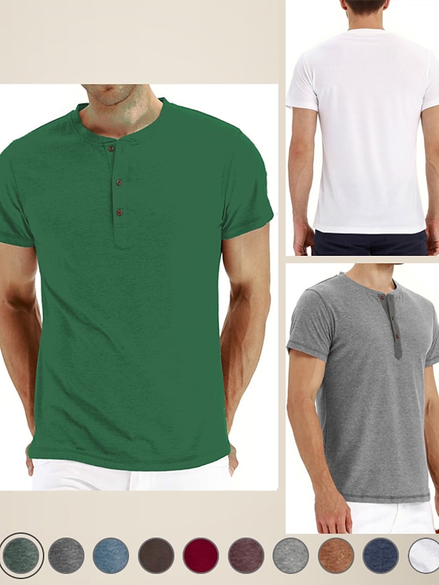  Men's Henley Shirt Round Neck Solid Color Green White Black Blue Gray Short Sleeve Outdoor Daily Tops Cotton Blend Fashion Simple Comfortable / Machine wash / Micro-elastic