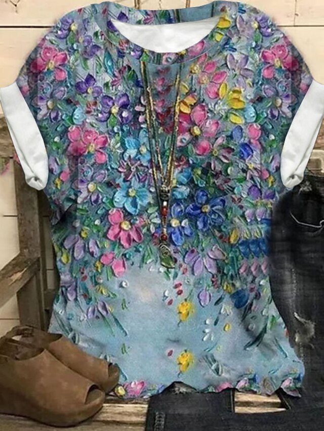  Women's Plus Size Tops T shirt Floral Graphic Print Crewneck Short Sleeve Summer Basic Streetwear Blue Big Size XL XXL 3XL 4XL 5XL / Going out