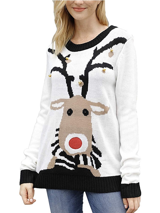  Mujer Pull-over Animal Estampado Casual Manga Larga Cárdigans suéter Otoño Invierno Escote Redondo Blanco / Navidad