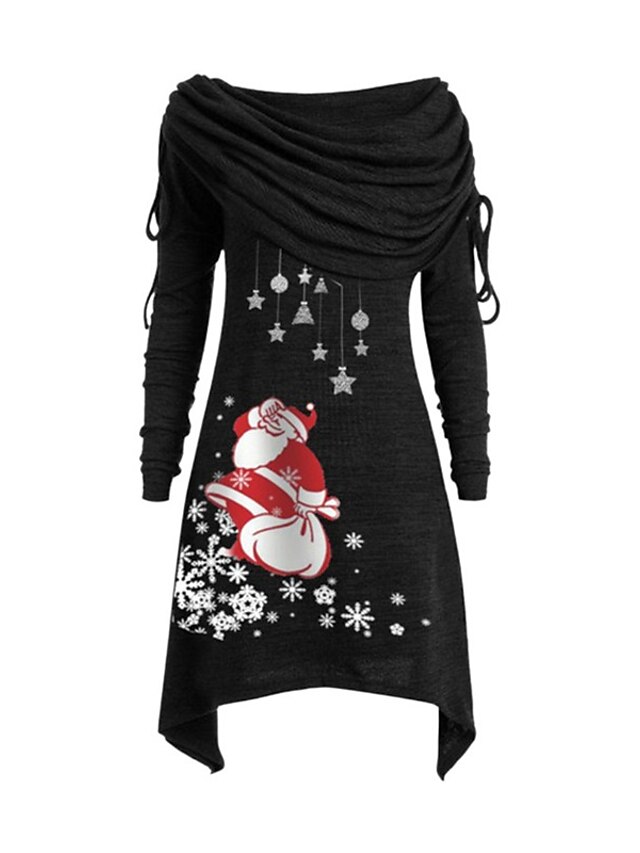  Women's Plus Size Print A Line Dress Print Boat Neck Long Sleeve Casual Fall Winter Christmas Daily Short Mini Dress Dress / Graphic Patterned