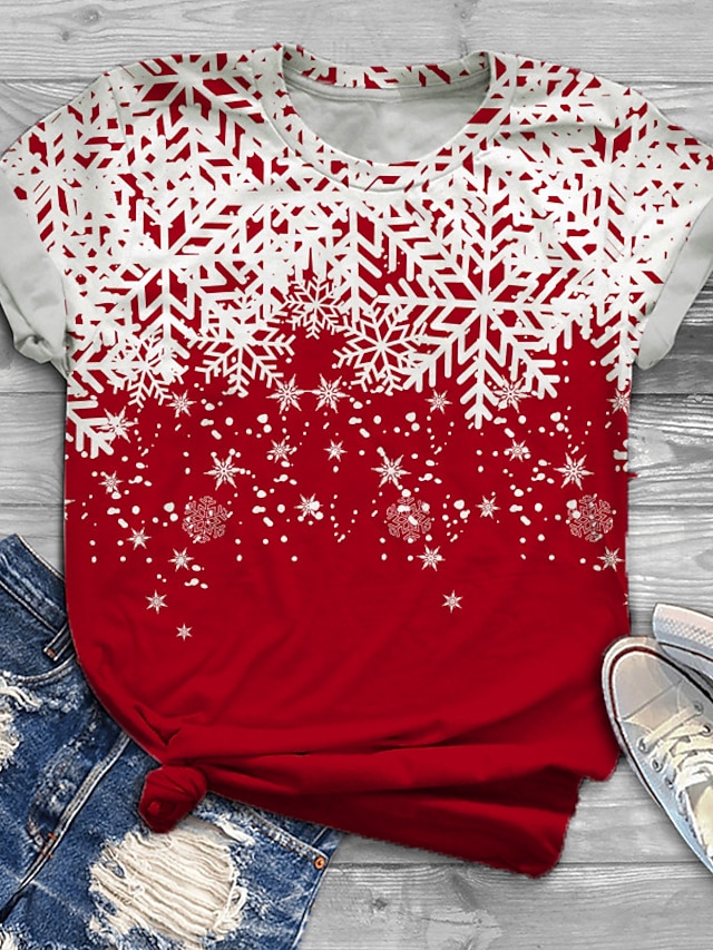  Women's Plus Size Tops Cartoon Plaid T shirt Tee Short Sleeve Print Basic Streetwear Christmas Crewneck Cotton Spandex Jersey Daily Sports Fall Winter Black Red / Regular Fit