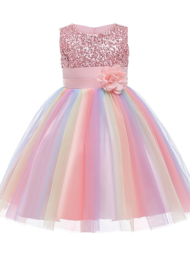  Kids Little Dress Girls' Rainbow Flower Party Sequins Pleated Bow Blue Purple Pink Knee-length Lace Tulle Sleeveless Cute Dresses