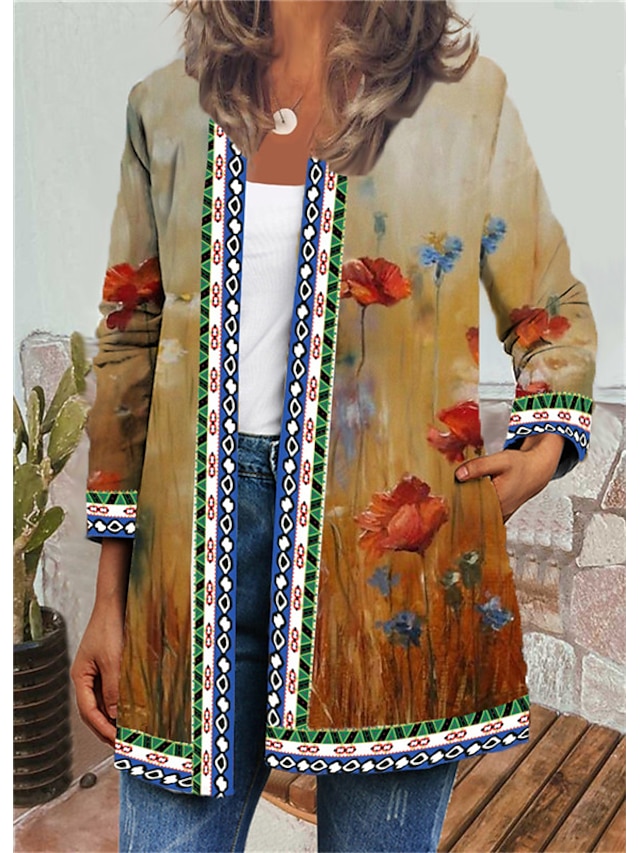  Damen Jacke Herbst Täglich Festtage Standard Mantel Rundhalsausschnitt Atmungsaktiv Regular Fit Alltag Jacken Langarm Bedruckt Blumen Grün Gelb