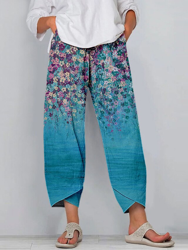  Women's Pants Pocket Print Daily Flower / Floral Spring &  Fall Regular Purple Dark Pink Khaki Light Grey Dark Gray