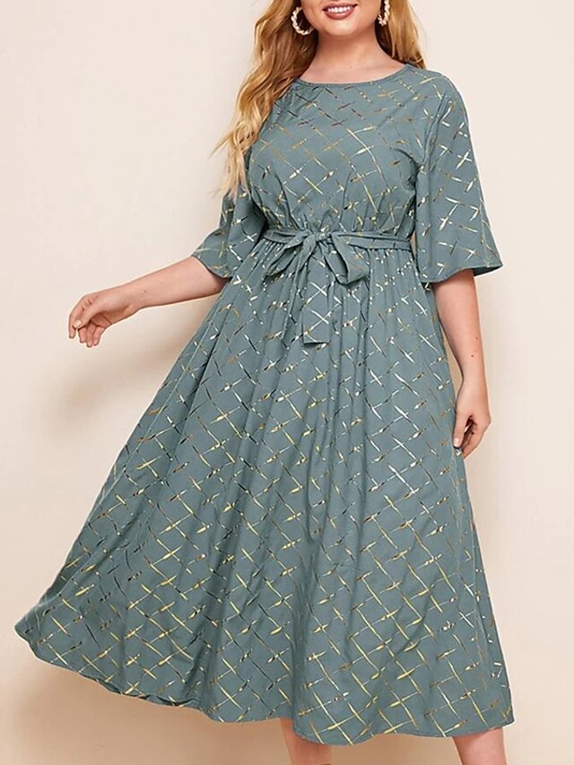  Women's Plus Size Solid Color Holiday Dress Bow Crew Neck Half Sleeve Elegant Casual Fall Spring Daily Date Maxi long Dress Dress