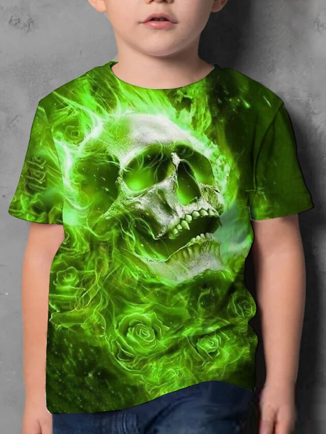  Halloween Jungen 3D Totenkopf Motiv T-Shirt Kurzarm 3D-Druck Sommer Aktiv Polyester kinderkleidung 4-12 Jahre Regular Fit