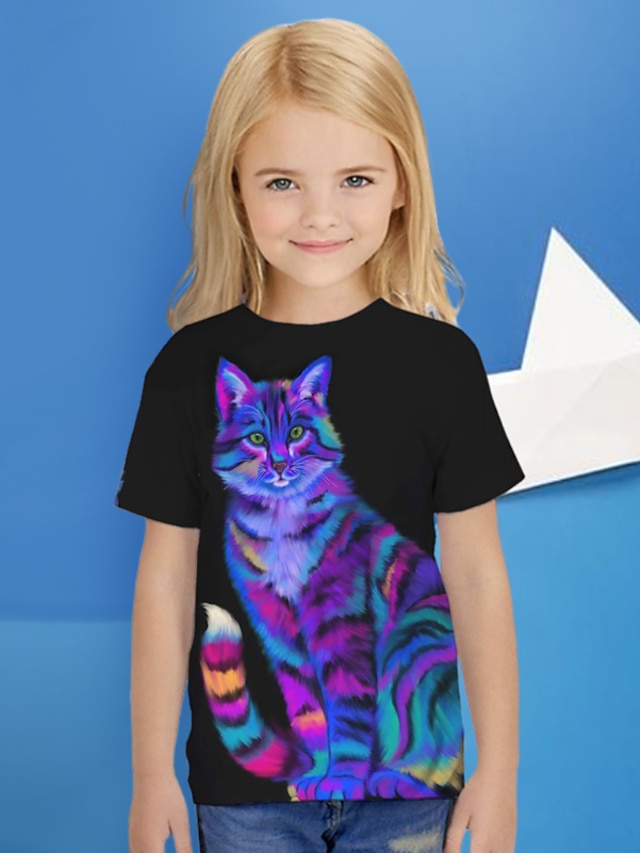  Jente 3D Katt T skjorte Kortermet 3D-utskrift Sommer Aktiv Mote søt stil Polyester Barn 3-13 år utendørs Daglig